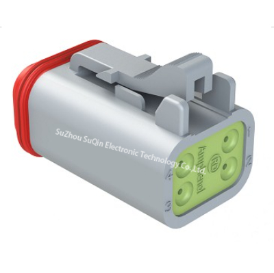 Amphenol AT06-4S-RD01 4-position female plug connector with reduced diameter E-Seal, IP67 protection, and gray housing.