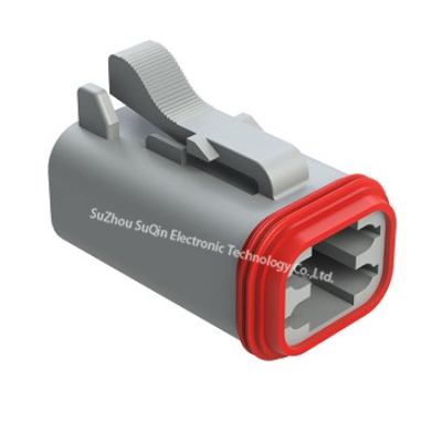 Amphenol AT06-4S-RD01 4-position female plug connector with reduced diameter E-Seal, IP67 protection, and gray housing.