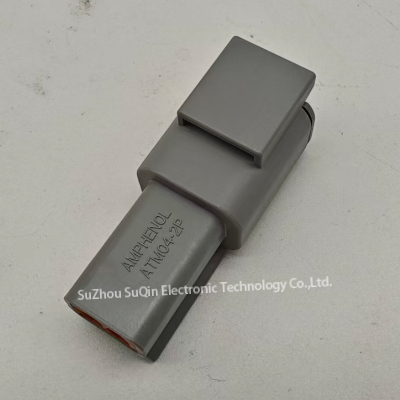 Front view of the Deutsch ATM04-2P IP67 sealed 2-pin male receptacle connector in grey