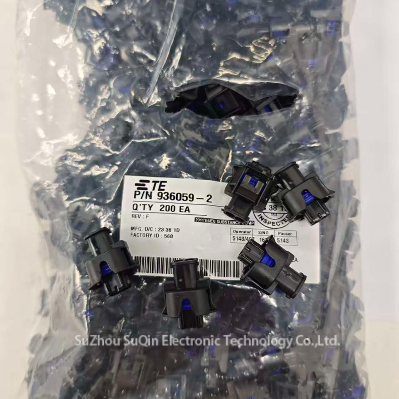 Original factory bulk packaging for TE Connectivity 936059-2 connectors with labels.