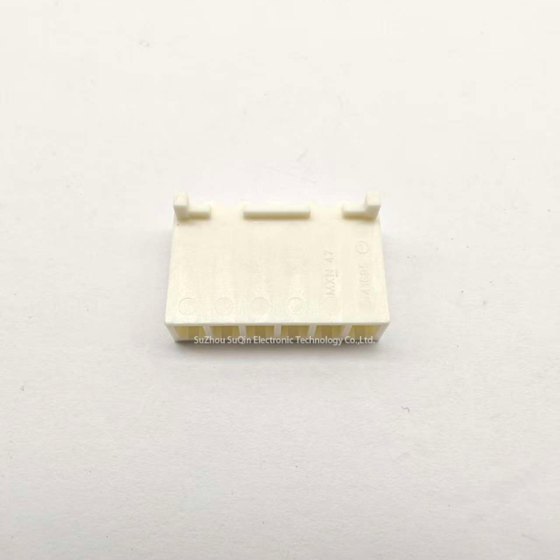 Front view of Molex 09-50-8063 KK 396 receptacle housing showing 6 circuit openings and natural color.