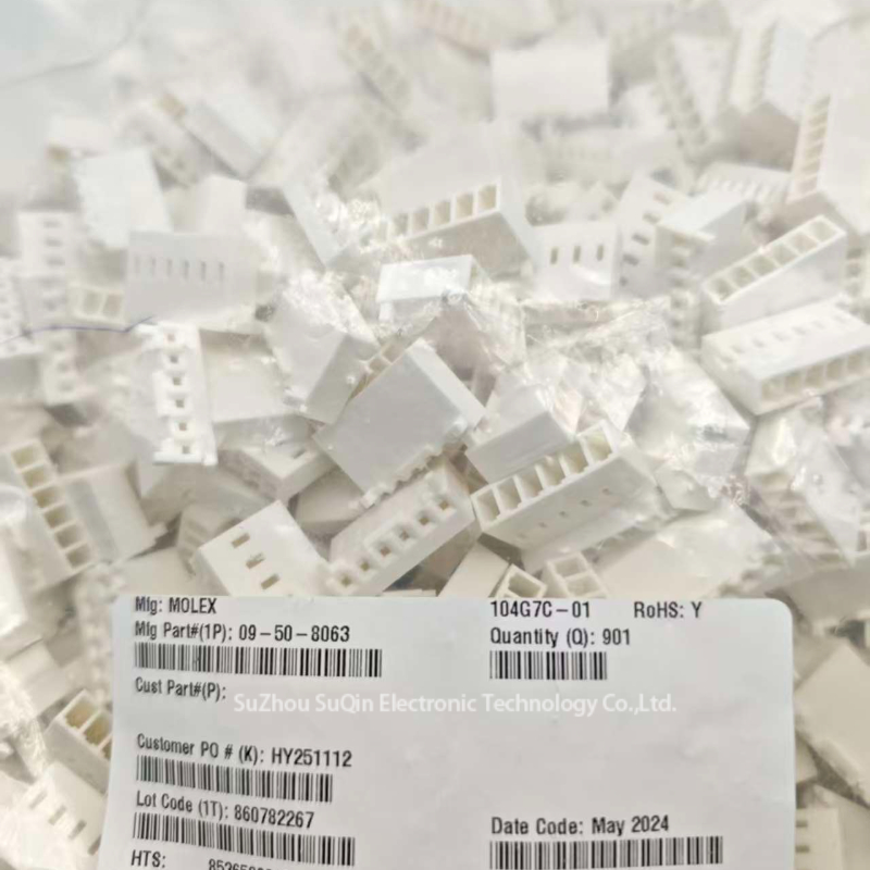 Original factory bulk packaging for Molex 09-50-8063 connectors with part number labels.